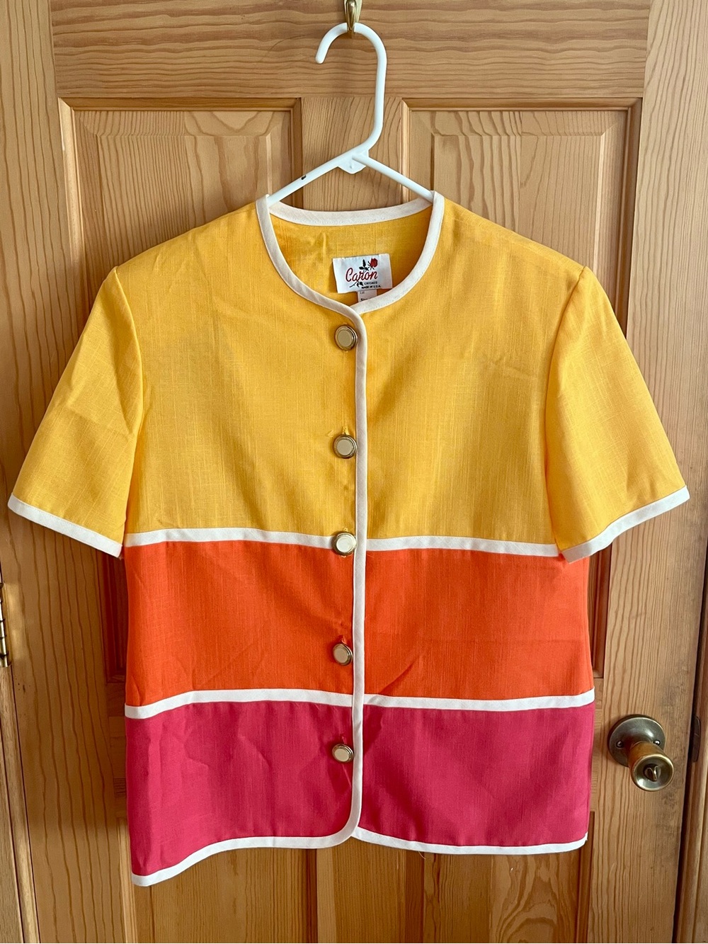 Vintage Caron Chicago Colorblock Button Up Shirt Top Sunset Mod L Large Sunrise